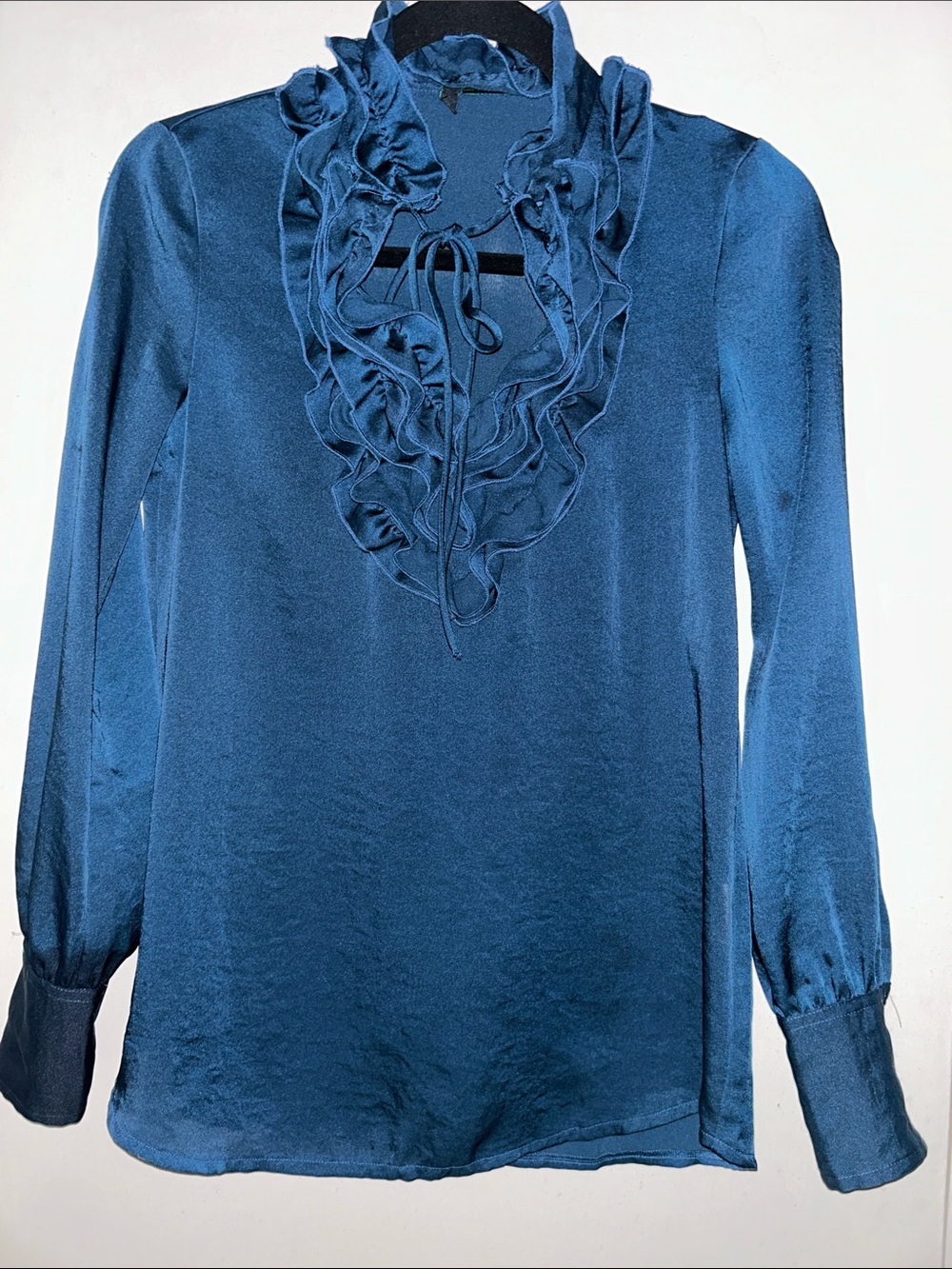 United Colors Of Benetton Slate Blue Ruffled V-Neck with Tie-Neck Blouse